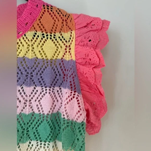 NWT BiBi Open Knit Bright Pink Purple Striped Ruffle Sleeve Easter Sweater Sz XL - Picture 5 of 7